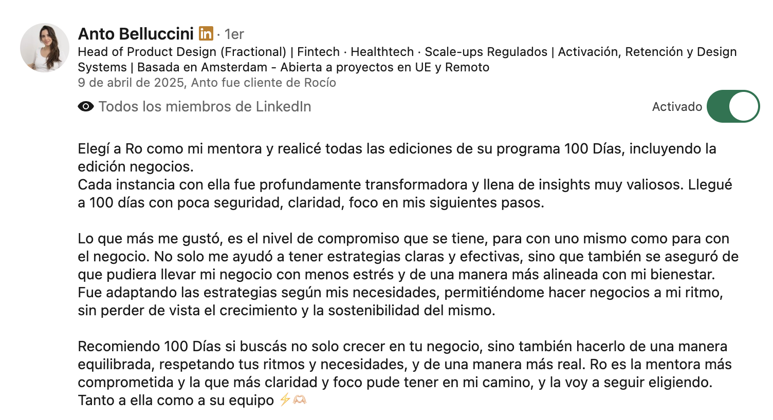 Recomendación de Anto Belluccini en LinkedIn