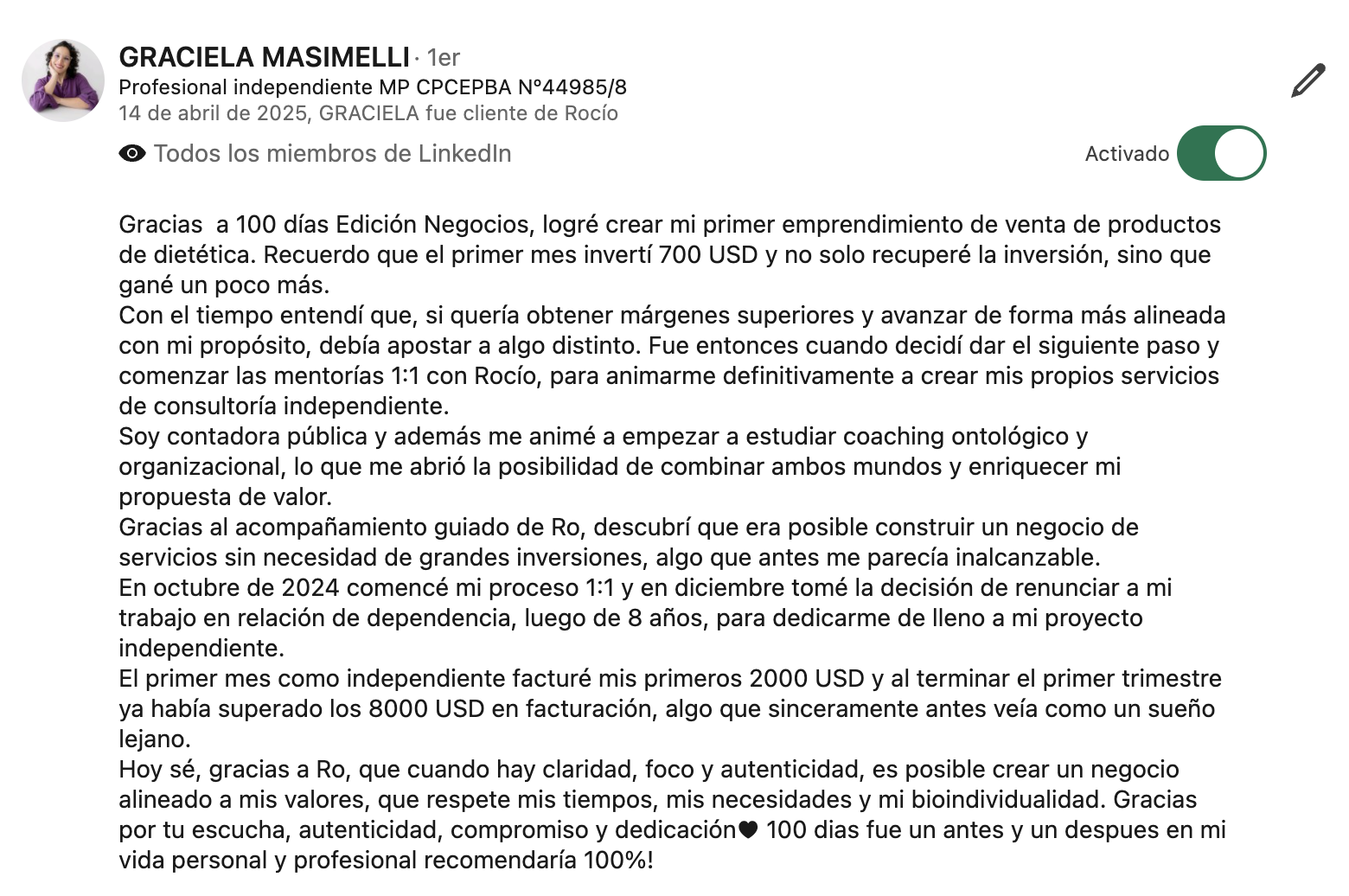 Recomendación de Graciela Masimelli en LinkedIn