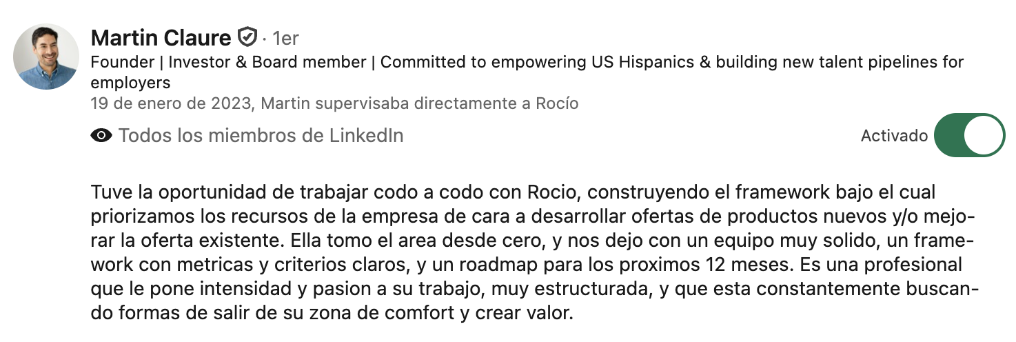 Recomendación de Martin Claure en LinkedIn