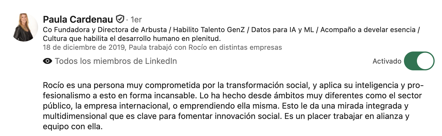 Recomendación de Paula Cardenau en LinkedIn